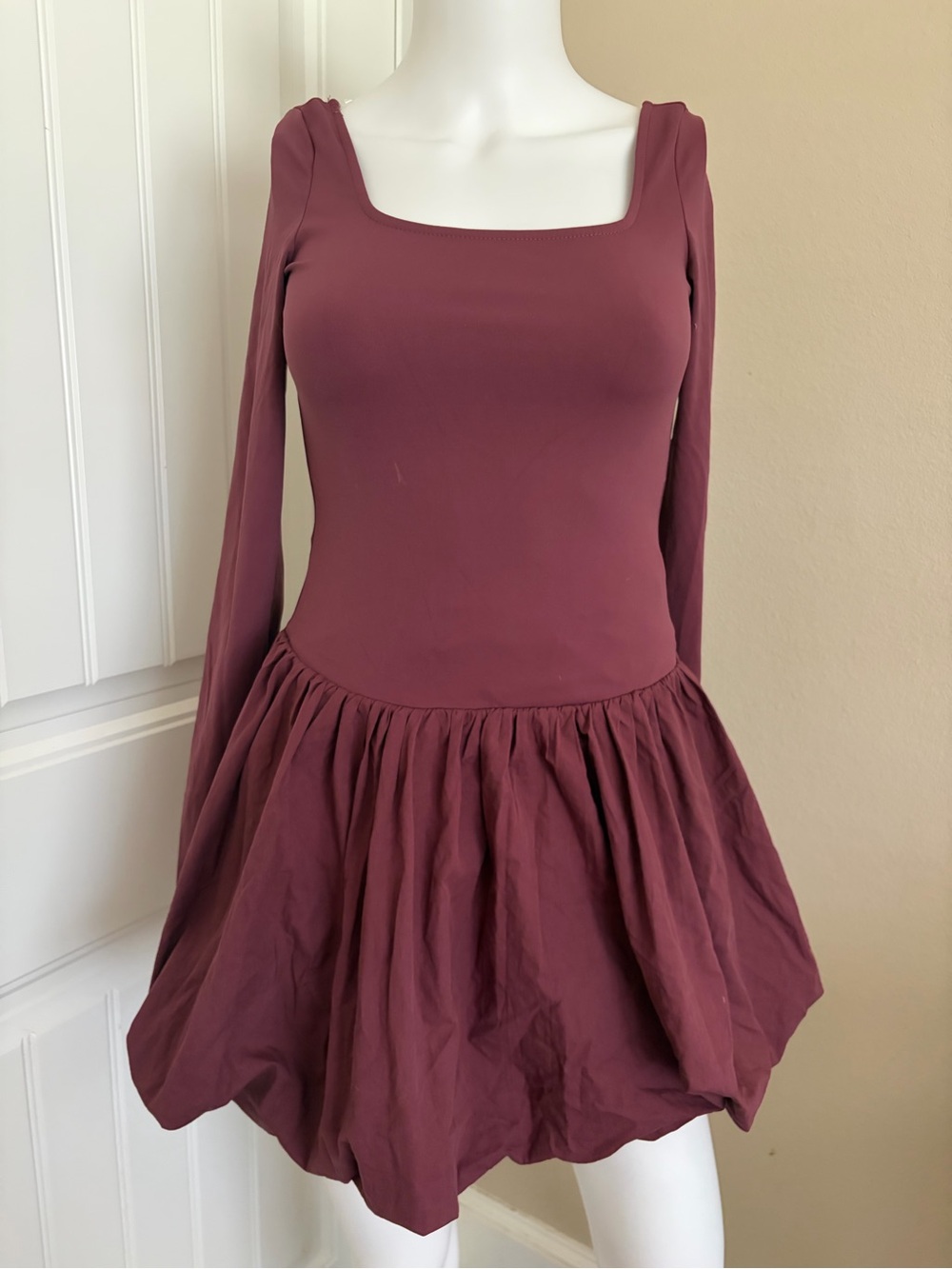 Square Neck Long Sleeve Tutu Dress in Dusty Rose